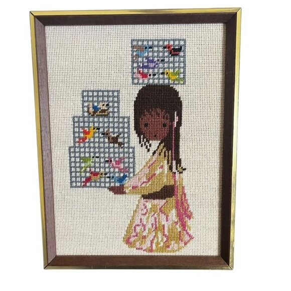 Other - Vintage Degrazia Needlepoint Girl With Birds Framed Art